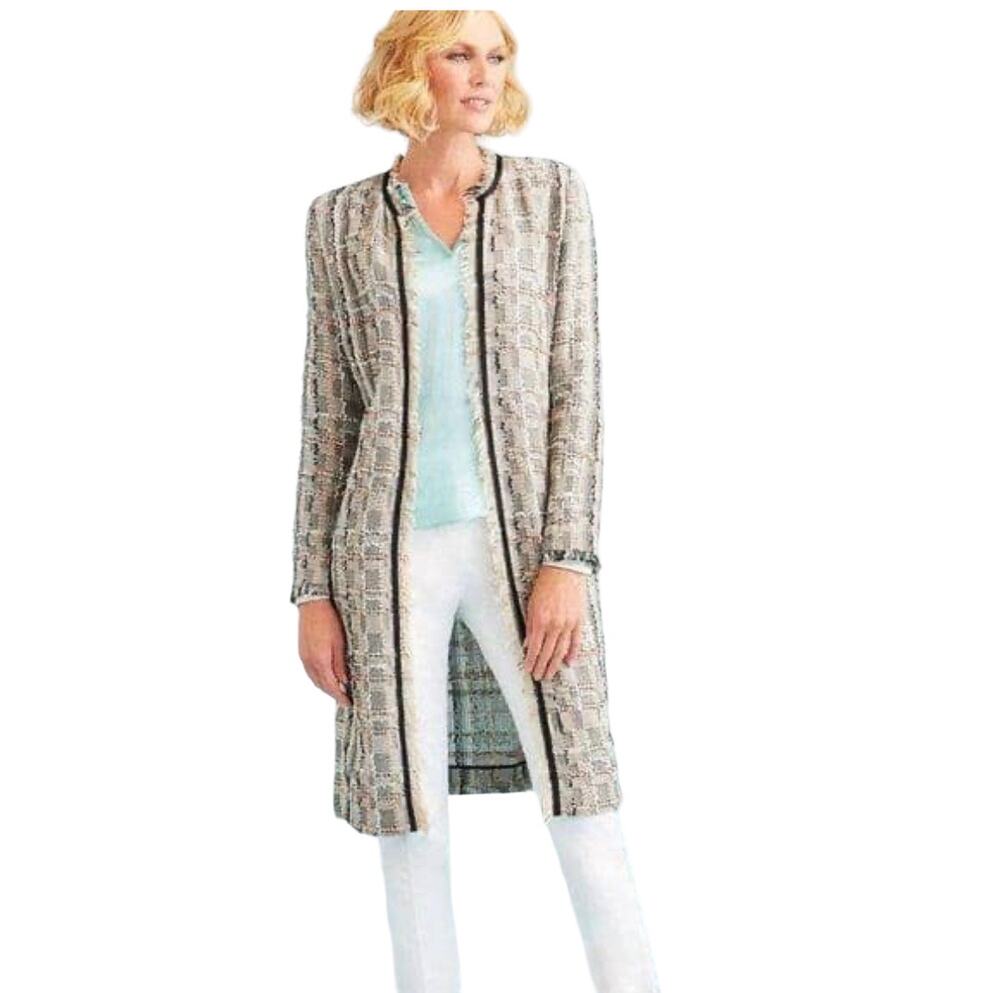 Carlisle Collection Beige Neutral Open Long Tweed Textured Jacket Coatigan 8